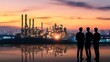 © JSR Art Studio - Silhouettes of three individuals against an industrial skyline at sunset.