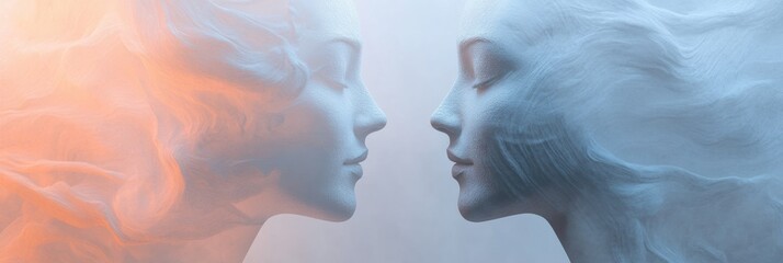 Fototapete - Two abstract silhouettes of faces in soft pastel shades convey a sense of communication and empathy, blending together harmoniously. Generative AI