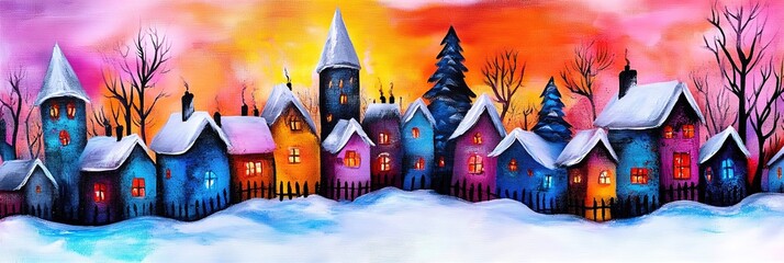 Wall Mural - acryllic painting of christmas village