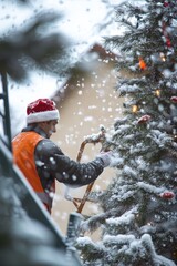 Wall Mural - A man playfully adds snow to a tree, surrounded by a serene winter landscape under a clear blue sky.