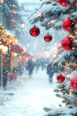 Wall Mural - red ornaments adorn a snow-covered tree, creating a festive and vibrant winter scene.