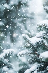 Wall Mural - Snow-laden pine branches with gently falling snowflakes, creating a serene winter scene.