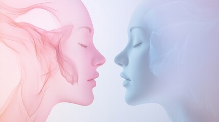 Fototapete - Two minimalist silhouettes in soft pastel shades represent the essence of communication and empathy between individuals. Generative AI
