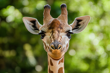 close-up of a giraffe against a lush green background, showcasing its distinctive patterns and gentl
