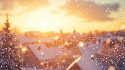 Poster - Snow blankets the rooftops of a quaint village as golden sunlight filters through a flurry of falling snowflakes, creating a magical atmosphere. Generative AI