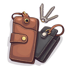 Wall Mural - Stylish collection of leather wallets and keys on a white background for fashion enthusiasts, digital illustration of product design concept.