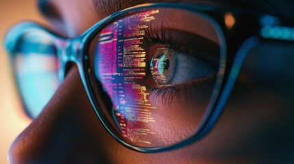 Close-up of a person's eye reflecting lines of computer code in a tech environment