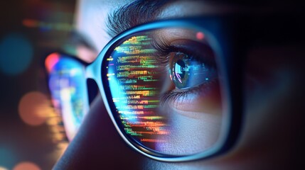 Close-up of a person's eye reflecting computer code in glasses during nighttime coding session