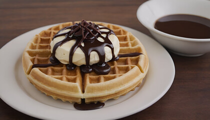 Wall Mural - waffle on a plate with white chocolate and chocolate sauce