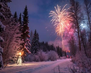Poster - A magical winter night, with vibrant fireworks painting the starlit sky above a snow-covered park.
