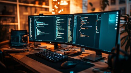A modern workspace with dual monitors displaying programming code and ambient lighting
