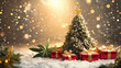 © RealityForge - Giant bud shaped like a Christmas tree surrounded by presents and snow. Cannabis themed Christmas background for Marijuana sales at legal dispensaries.