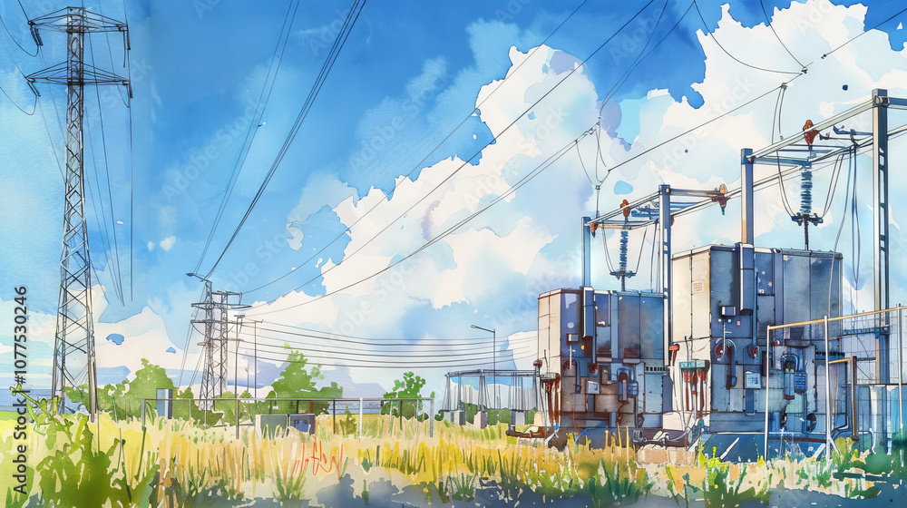 Watercolor Art of a High Voltage Electrical Substation with Clear Blue ...