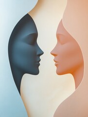 Fototapete - Two intertwined silhouettes in pastel shades convey themes of communication and empathy, highlighting human connection and understanding. Generative AI