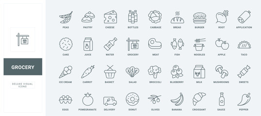 Wall Mural - basket of store for fresh meat and fish, fruit and vegetables, milk and cheese thin black outline sy