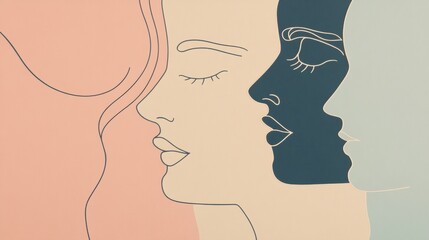 Fototapete - Two abstract silhouettes in soft pastel colors represent a dialogue of empathy and connection between individuals through art. Generative AI