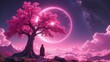 © ALEKSANDR - Dreamy Pink Landscape with a Blossoming Tree, Full Moon, and Silhouetted Figure Under a Starry Sky