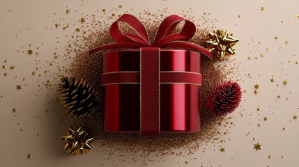 Sticker - A red gift box with a gold bow, surrounded by pine cones, evokes a festive holiday spirit.