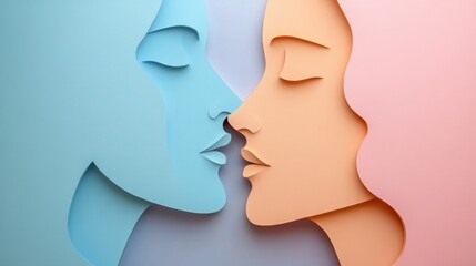 Fototapete - Two abstract silhouettes in soft pastel colors illustrate the themes of communication and empathy, blending emotional connection beautifully. Generative AI