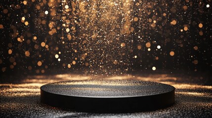 Leinwandbilder - Golden particles dance above a circular black platform, creating a captivating display of light and texture in a dimly lit environment, enhancing the mysterious atmosphere of the moment.