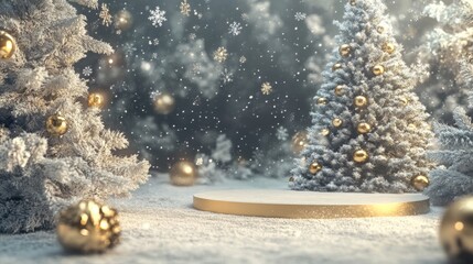 Poster - Snow-covered trees adorned with golden ornaments create a magical atmosphere. Soft snowfall enhances the serene setting, ideal for celebrating the joy of the winter holidays.