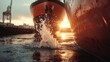 © Maximages  - An imposing ship is seen in a harbor with water splashing dramatically around it, capturing the powerful presence of maritime vessels at sunset.