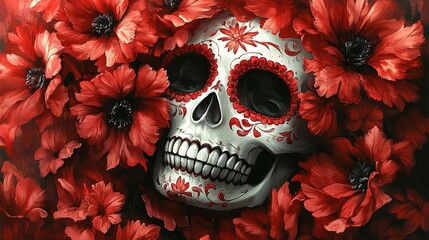 Wall Mural - A Sugar Skull Surrounded by Vibrant Red Flowers