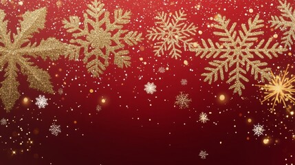 Aufkleber - Golden snowflakes of various designs dance across a bright red backdrop, creating a festive atmosphere perfect for holiday decorations and seasonal celebrations that evoke warmth and joy.