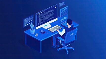 A Programmer Working on a Computer with Blue Hues