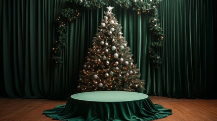 Poster - A large, decorated Christmas tree with silver ornaments and white lights stands against a backdrop of green velvet curtains.