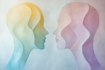 Fototapete - Two abstract silhouettes in pastel colors depict communication and empathy, embodying a serene connection between the figures. Generative AI
