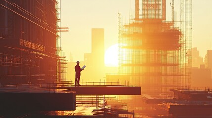 Engineer Inspecting Construction Site Progress Against Sunset Background with Scaffolding and Building Structures in View