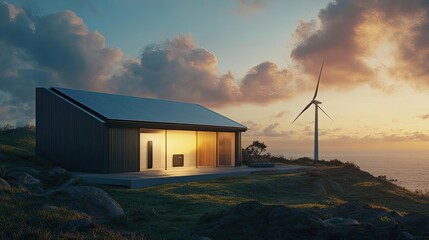 Wall Mural - Modern Sustainable Home with Solar Panels and Wind Turbine at Sunset