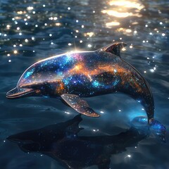 Wall Mural - A dolphin with a galaxy pattern on its skin leaps through the water, its reflection visible on the surface. The water sparkles in the sunlight.