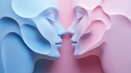 Poster - Two abstract silhouettes of diverse faces in pastel hues portray the essence of communication and empathy through artful design. Generative AI