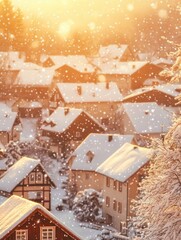 Aufkleber - A picturesque village blanketed in snow glows warmly at sunset, while soft snowflakes fall gently, enhancing the enchanting holiday spirit. Generative AI