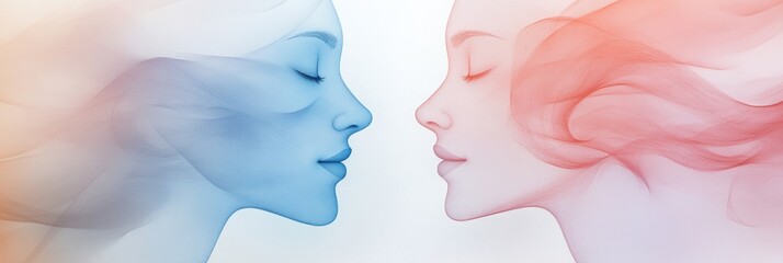 Fototapete - Two abstract silhouettes in soft pastel colors illustrate a deep connection and empathy during an intimate exchange of thoughts. Generative AI
