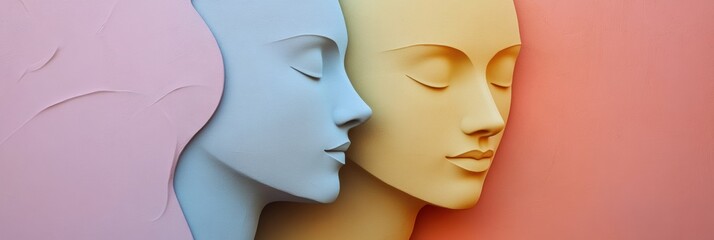Fototapete - These two abstract silhouettes in pastel colors reflect a deep sense of communication and empathy, blending beautifully together. Generative AI
