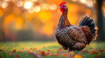 A brown and black hen stands in a grassy field with fall foliage.