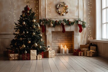 Wall Mural - Festive Christmas tree adorned with red stockings, gold ornaments, and glowing lights, set against a rustic fireplace background