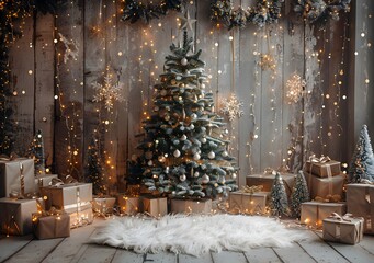 Wall Mural - Beautiful Christmas tree with sparkling lights and golden ornaments, surrounded by gifts and a cozy rug in a snowy, festive setting