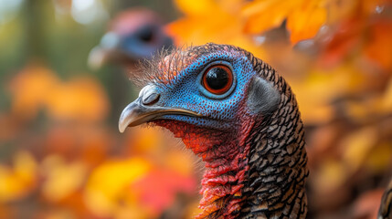 Wall Mural - Close-up of a wild turkey's head with vibrant colors and intricate feathers.