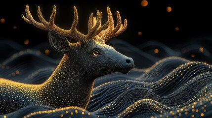 Wall Mural - Black and Gold Deer in a Wavy, Glittering Landscape