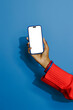 © BONNINSTUDIO/Stocksy - Woman holding smartphone with blank screen on blue background