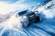 © Daria - Dynamic off road vehicle navigates snowy mountains on a sunny day in striking blue and white colors
