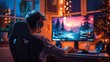 © zong - young man playing pc video game at home with headphones in gaming chair near monitor mouse and colorful lights at night back view