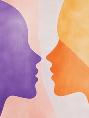 Fototapete - Two abstract face silhouettes emerge in soft pastel shades, beautifully illustrating themes of communication and empathy between individuals. Generative AI