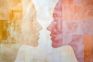 Fototapete - The artwork features abstract silhouettes of two faces in soft pastel shades, illustrating the themes of empathy and connection. Generative AI