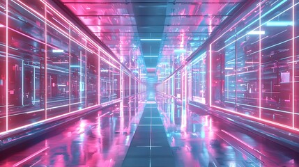 Futuristic corridor with pink and blue neon lights.