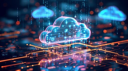 Futuristic Cloud Computing Network with Glowing Icons and Digital Data Flow